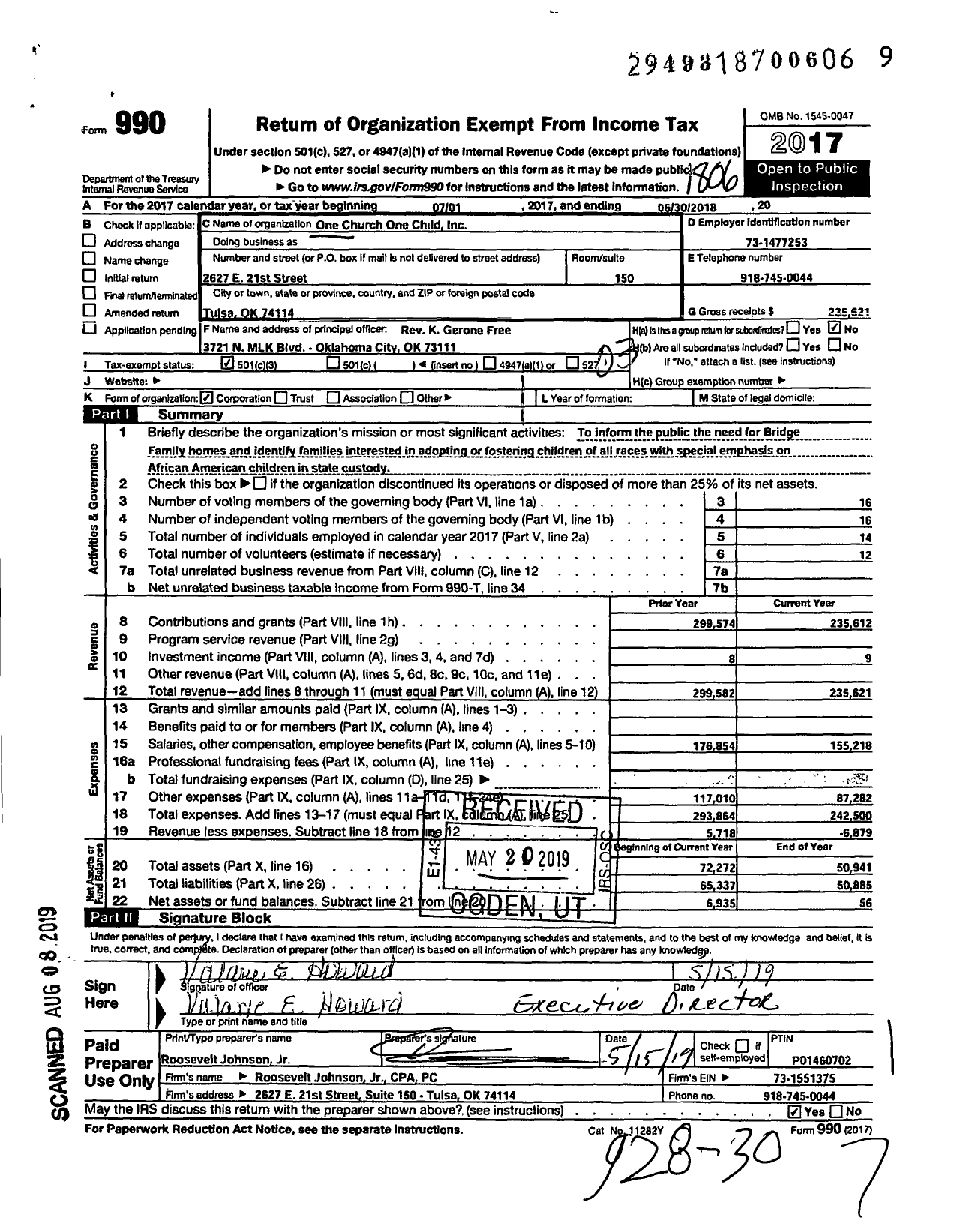 Image of first page of 2017 Form 990 for One Church One Child