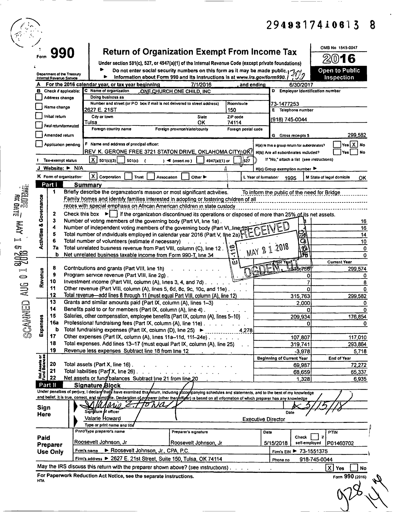 Image of first page of 2016 Form 990 for One Church One Child