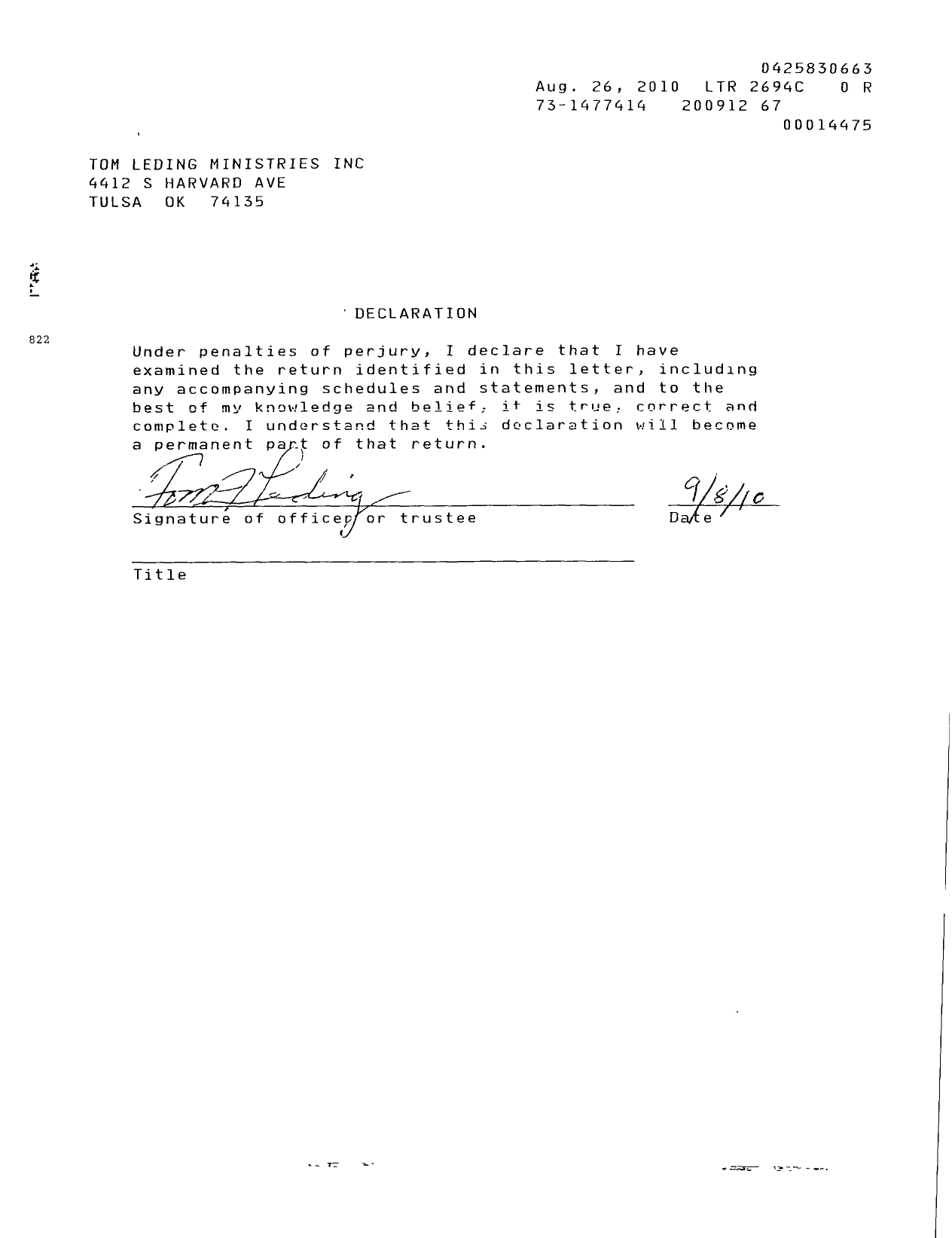 Image of first page of 2009 Form 990R for Tom Leding Ministries