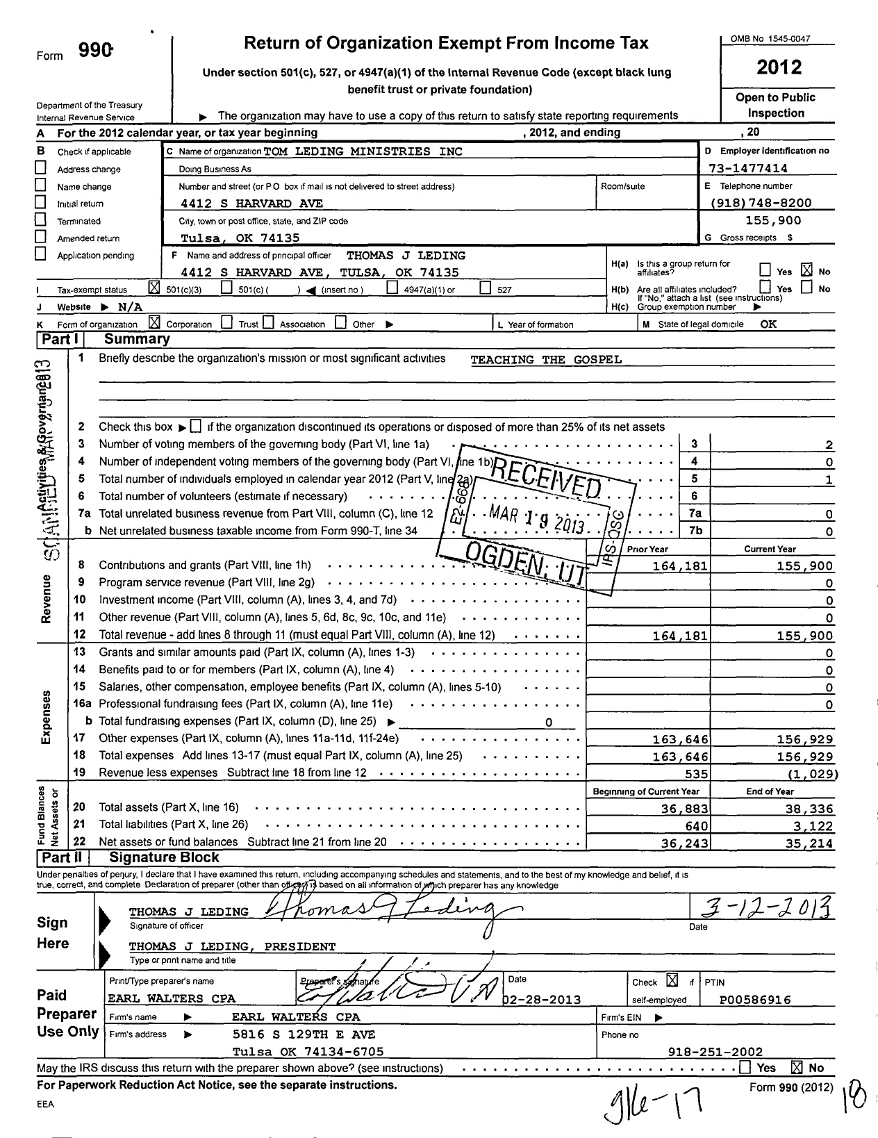 Image of first page of 2012 Form 990 for Tom Leding Ministries