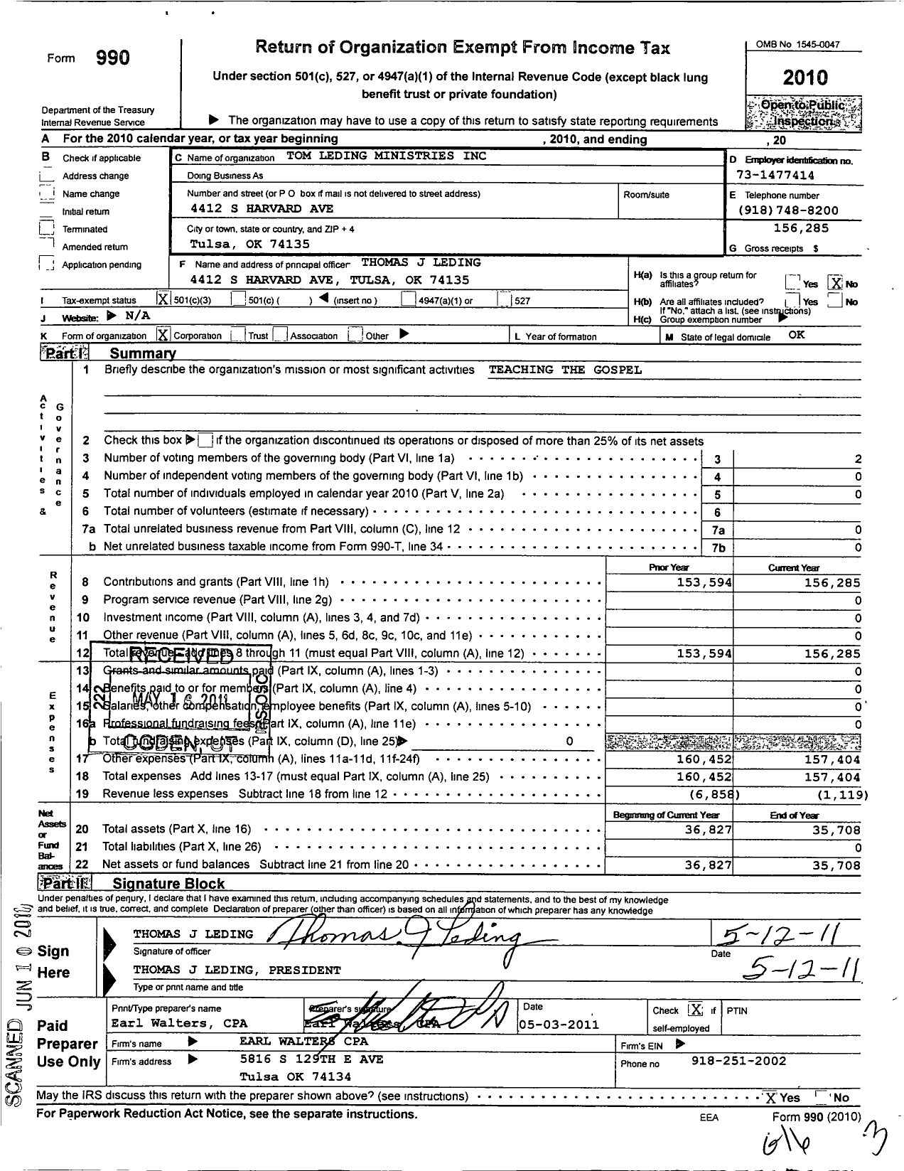 Image of first page of 2010 Form 990 for Tom Leding Ministries