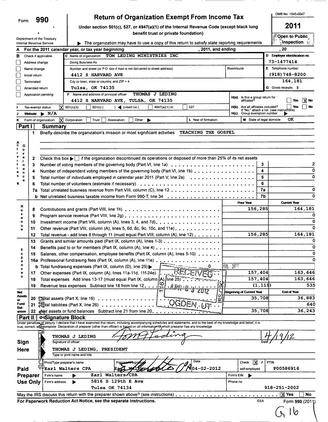 Image of first page of 2011 Form 990 for Tom Leding Ministries