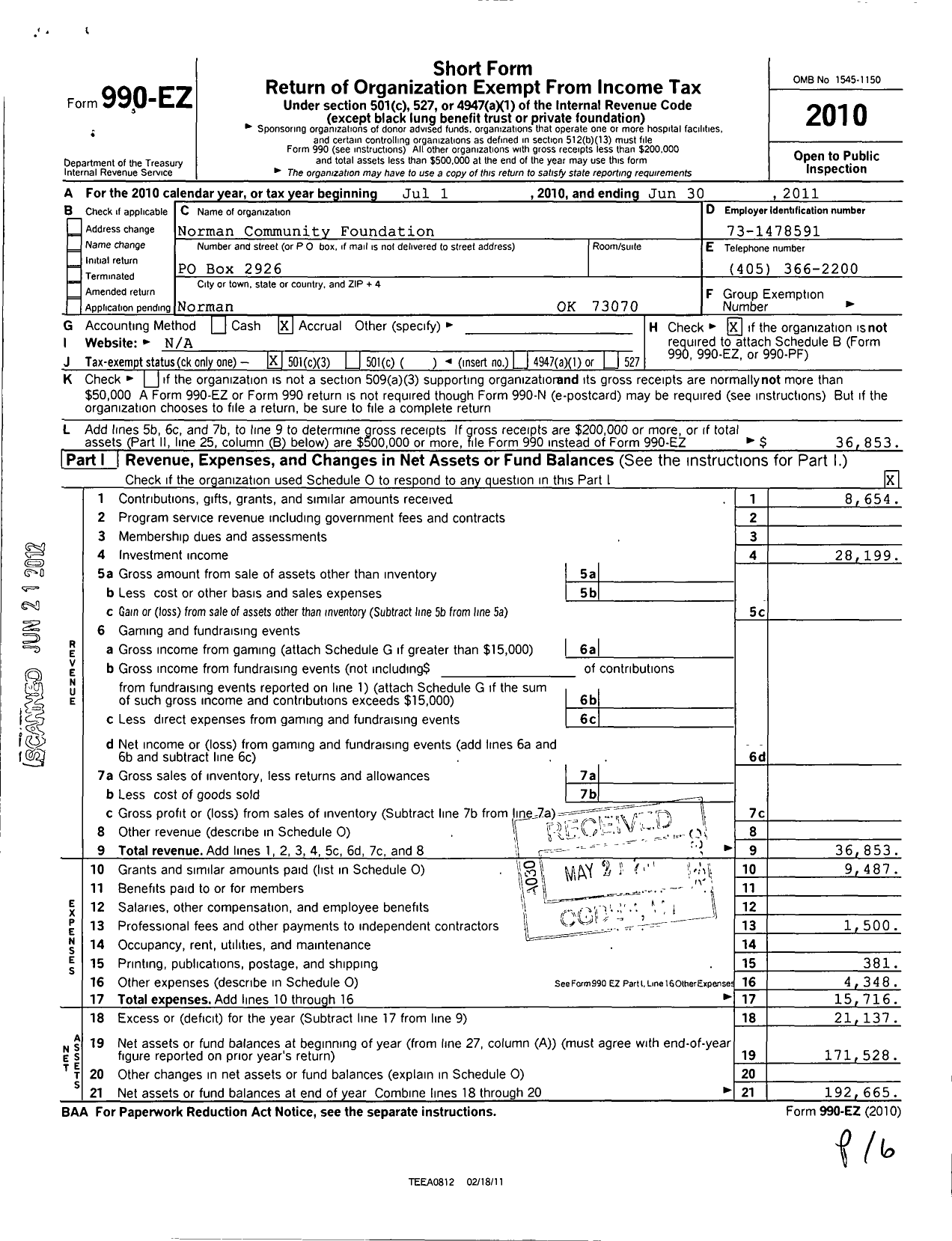 Image of first page of 2010 Form 990EZ for Norman Community Foundation