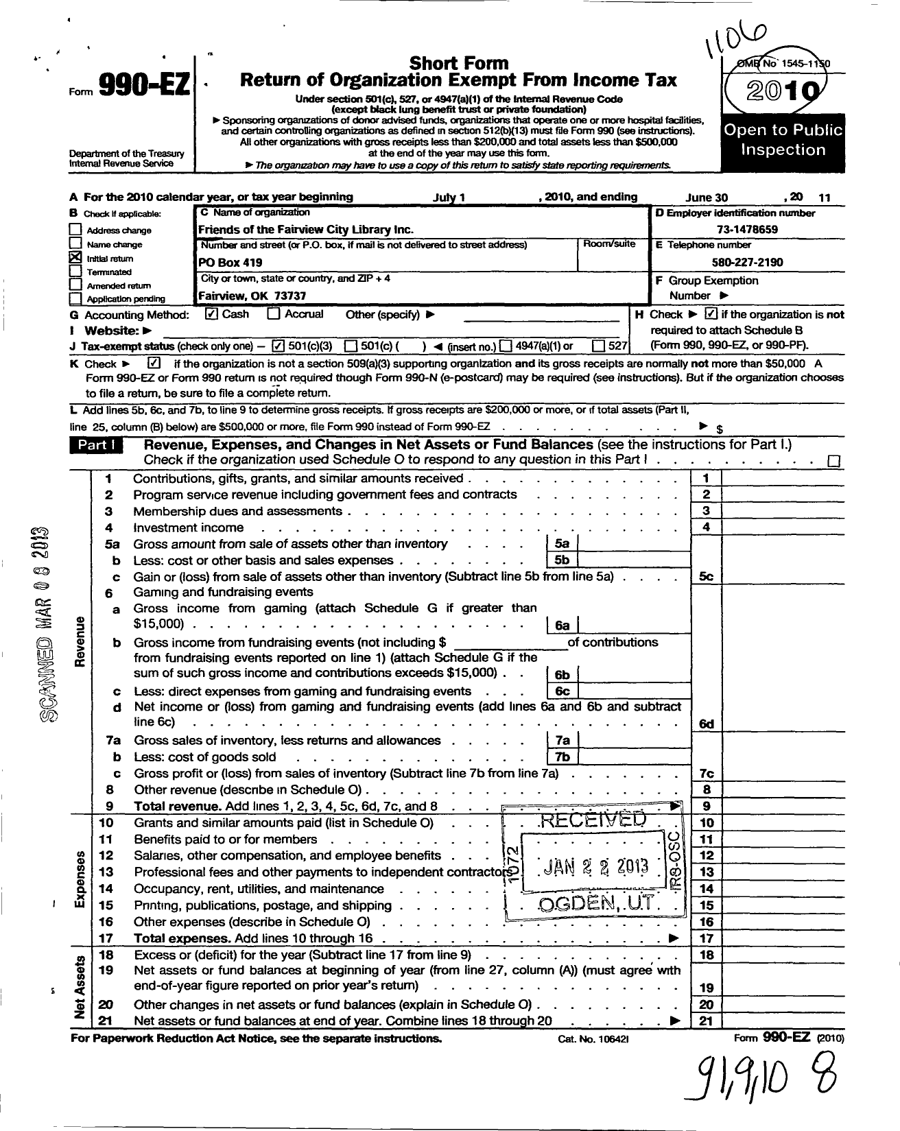 Image of first page of 2010 Form 990EZ for Friends of the Fairview City Library