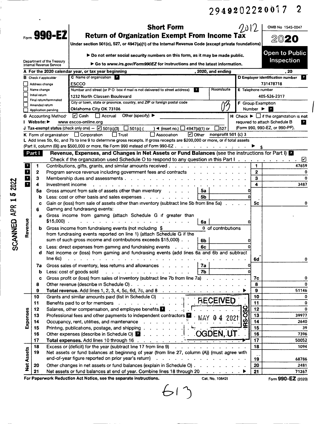 Image of first page of 2020 Form 990EZ for Executive Service Corps of Central Oklahoma (ESCCO)