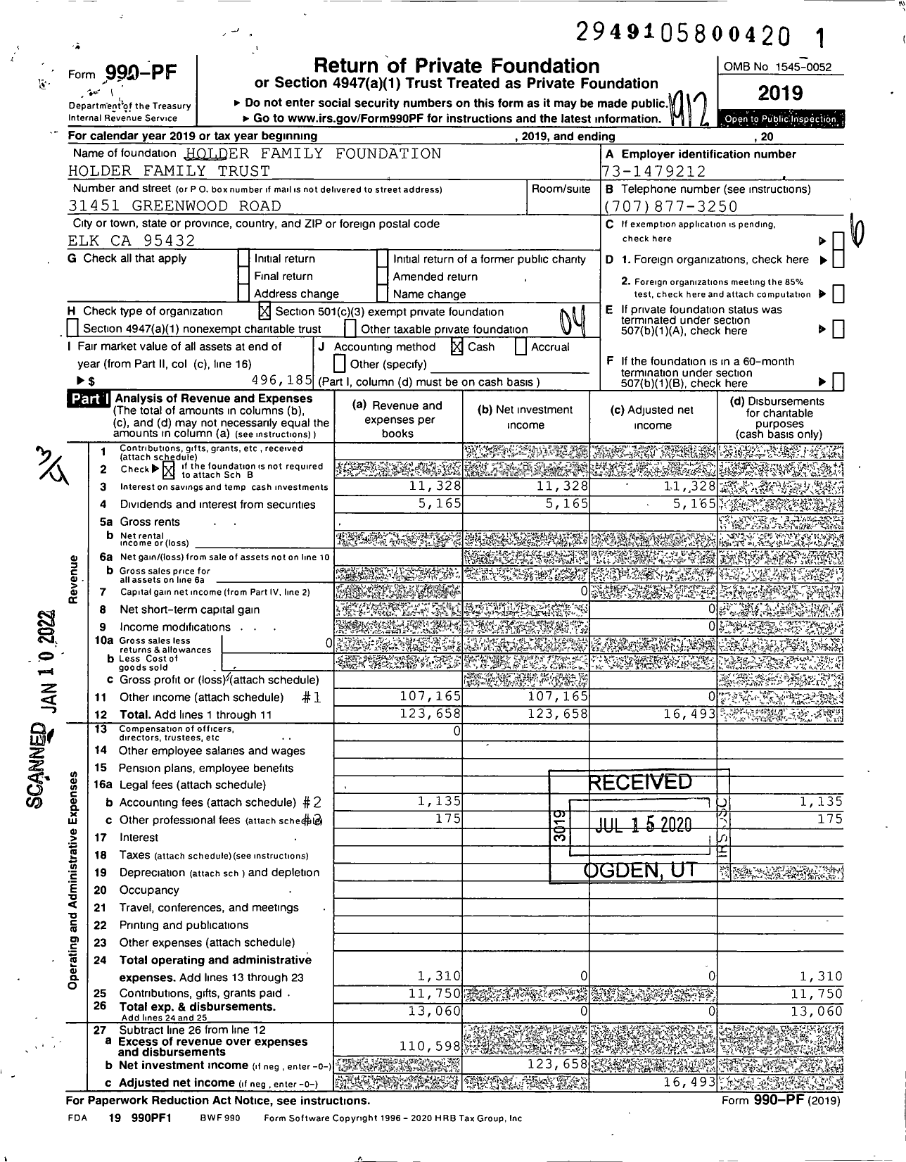 Image of first page of 2019 Form 990PF for Holder Family Foundation Holder Family Trust