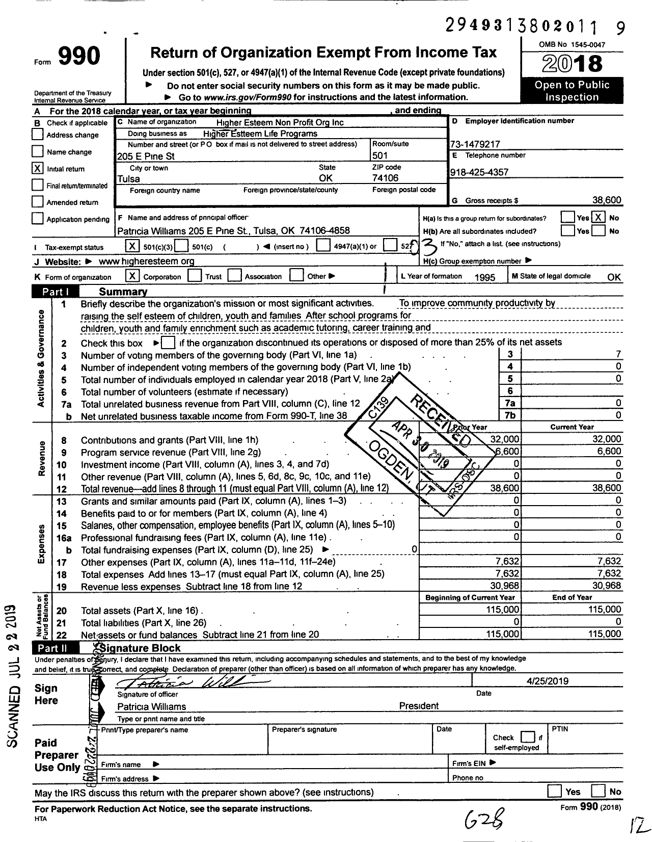 Image of first page of 2018 Form 990 for Higher Esteem Non-Profit Organization