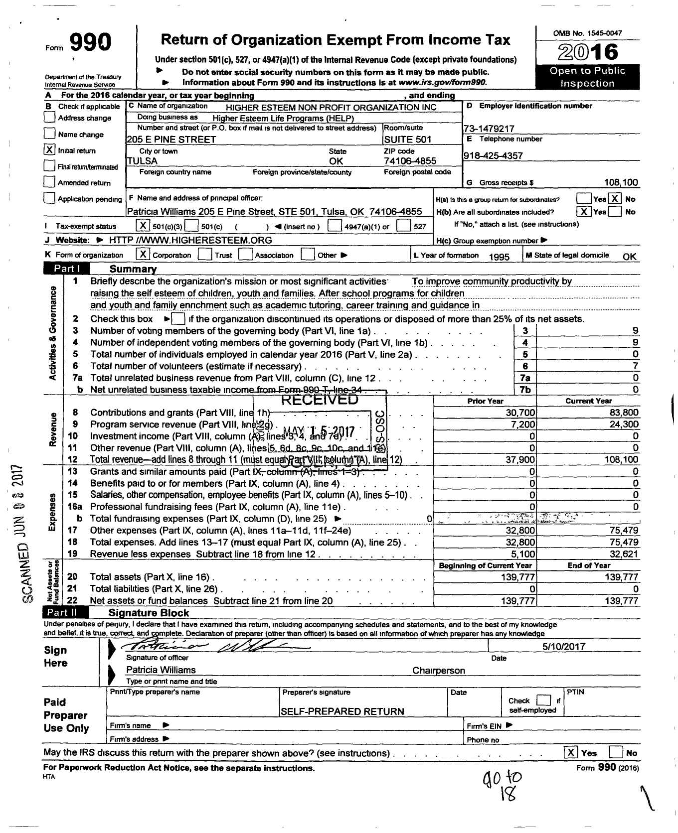 Image of first page of 2016 Form 990 for Higher Esteem Non-Profit Organization