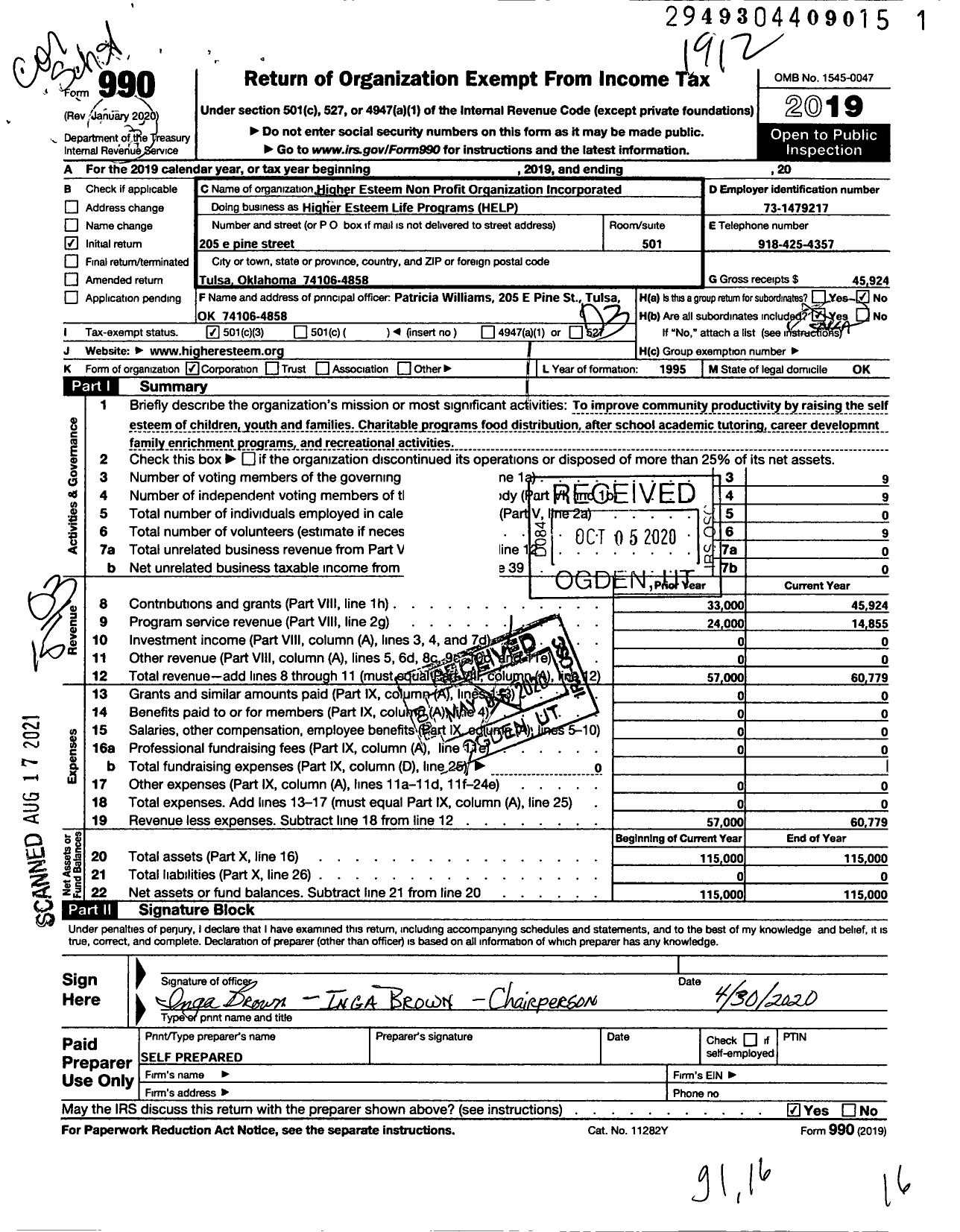 Image of first page of 2019 Form 990 for Higher Esteem Non-Profit Organization