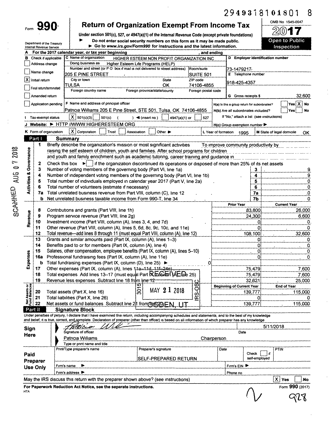 Image of first page of 2017 Form 990 for Higher Esteem Non-Profit Organization