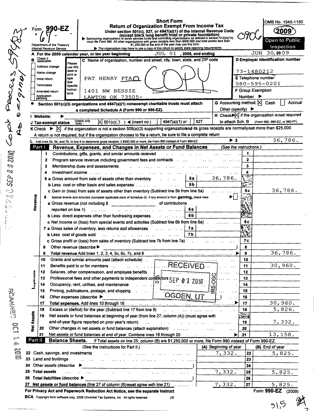 Image of first page of 2008 Form 990EZ for PTA Oklahoma Congress / Pat Henry Elementary