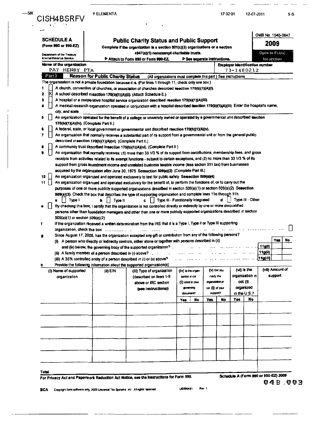 Image of first page of 2009 Form 990R for PTA Oklahoma Congress / Pat Henry Elementary