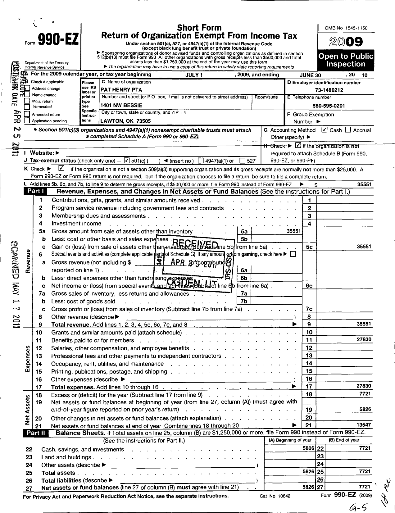 Image of first page of 2009 Form 990EO for PTA Oklahoma Congress / Pat Henry Elementary