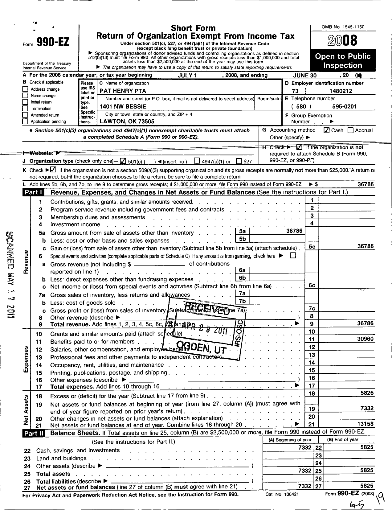 Image of first page of 2008 Form 990EO for PTA Oklahoma Congress / Pat Henry Elementary