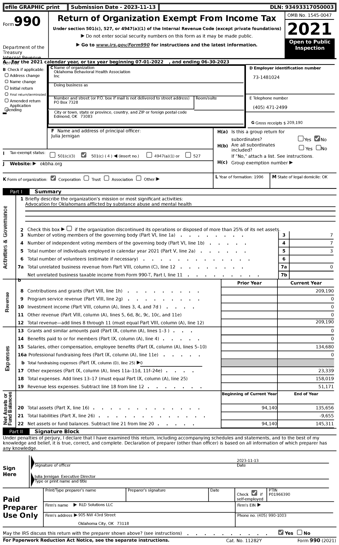 Image of first page of 2022 Form 990 for Oklahoma Behavioral Health Association