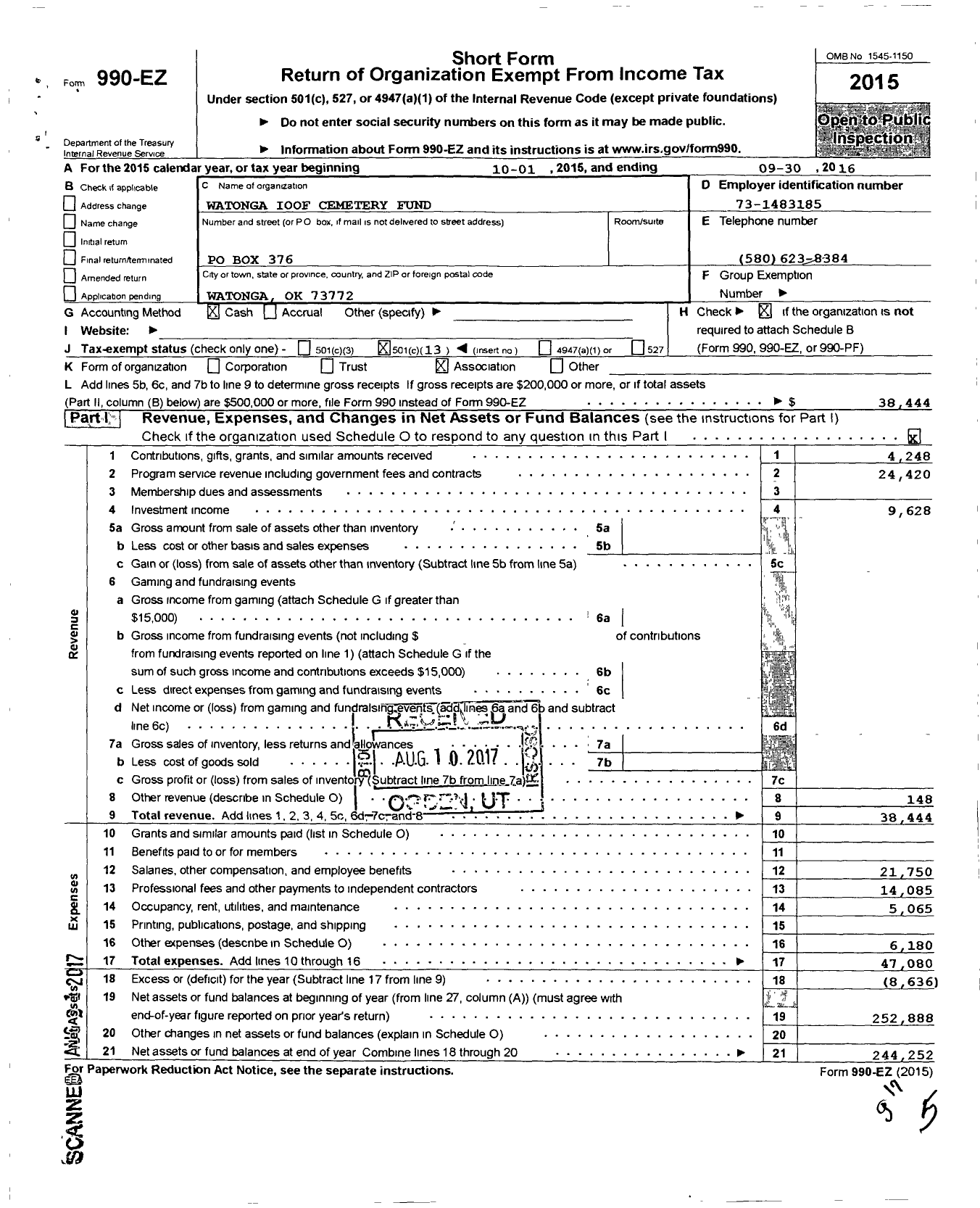 Image of first page of 2015 Form 990EO for WATONGA IOOF CEMetery FUND