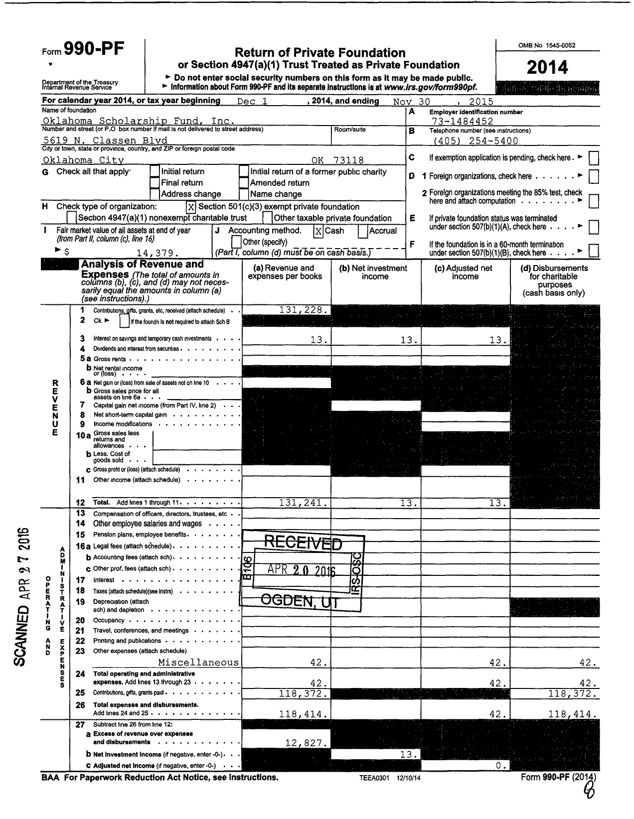 Image of first page of 2014 Form 990PF for Oklahoma Scholarship Fund