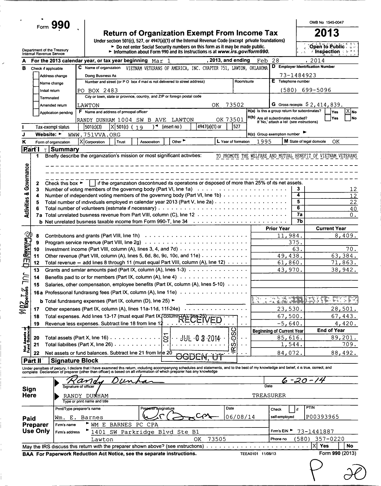 Image of first page of 2013 Form 990O for Vietnam Veterans of America - 751 Chapter