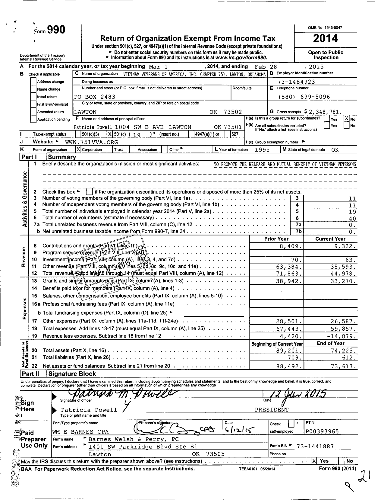 Image of first page of 2014 Form 990O for Vietnam Veterans of America - 751 Chapter