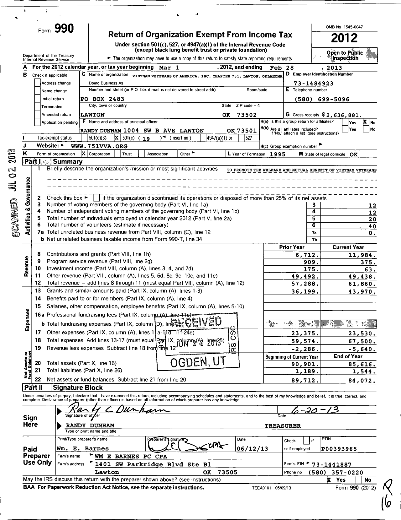 Image of first page of 2012 Form 990O for Vietnam Veterans of America - 751 Chapter