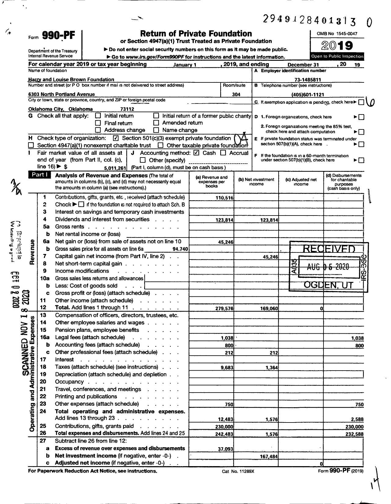 Image of first page of 2019 Form 990PF for Harry and Louise Brown Foundation