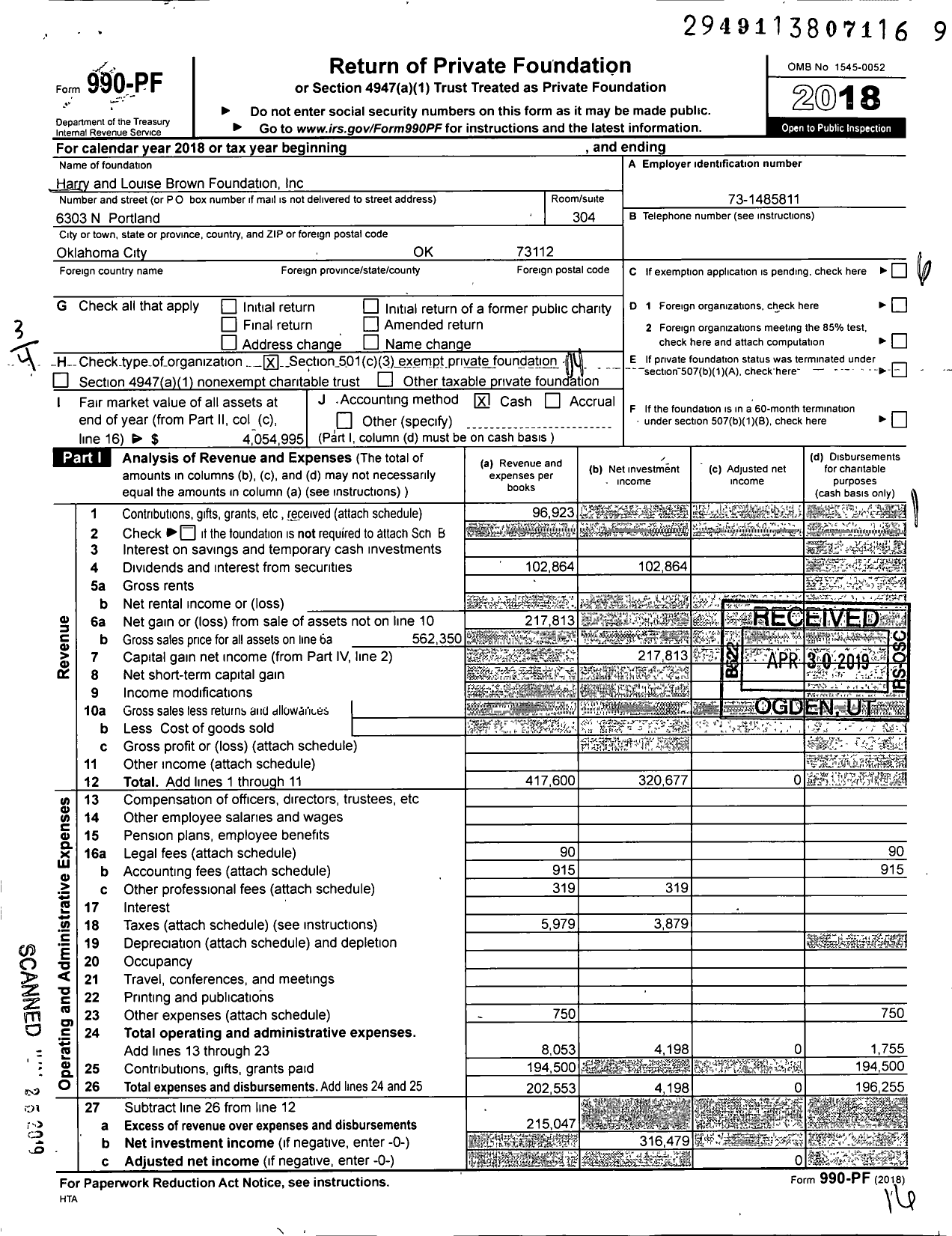 Image of first page of 2018 Form 990PF for Harry and Louise Brown Foundation