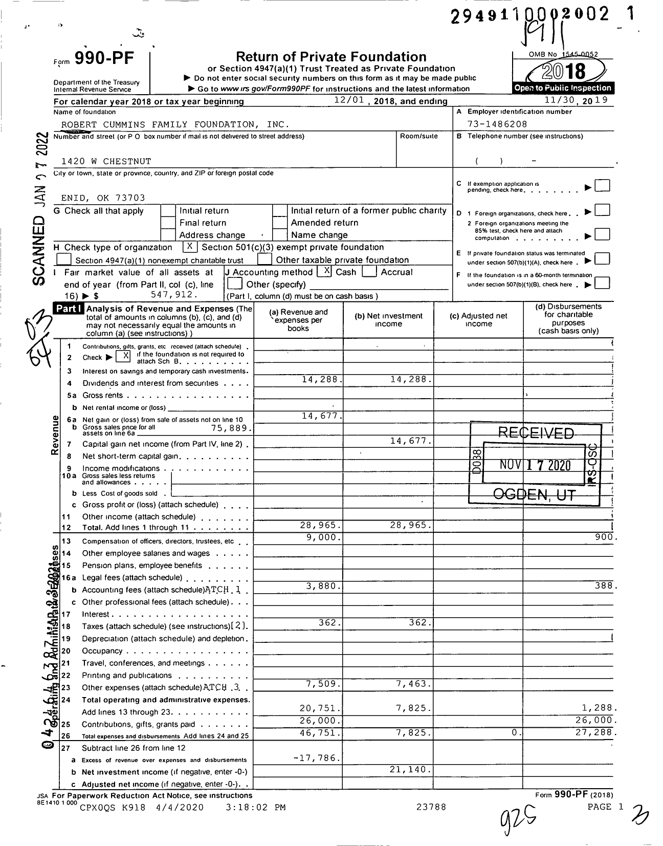 Image of first page of 2018 Form 990PF for Robert Cummins Family Foundation