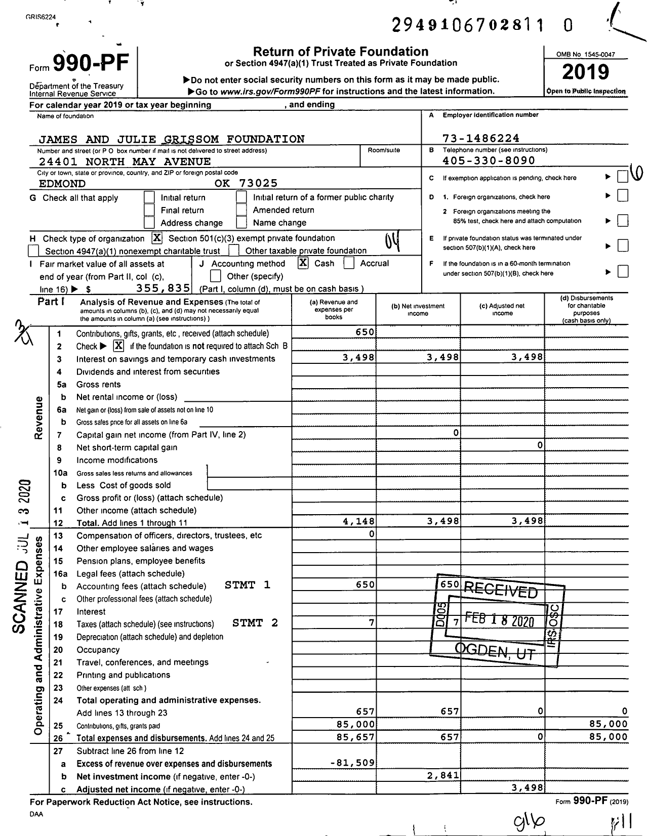 Image of first page of 2019 Form 990PR for James and Julie Grissom Foundation