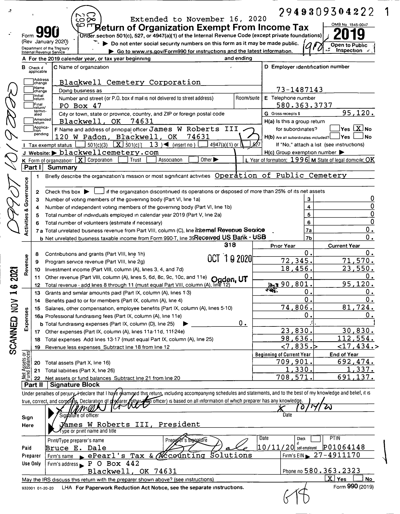 Image of first page of 2019 Form 990O for Blackwell Cemetery Corporation