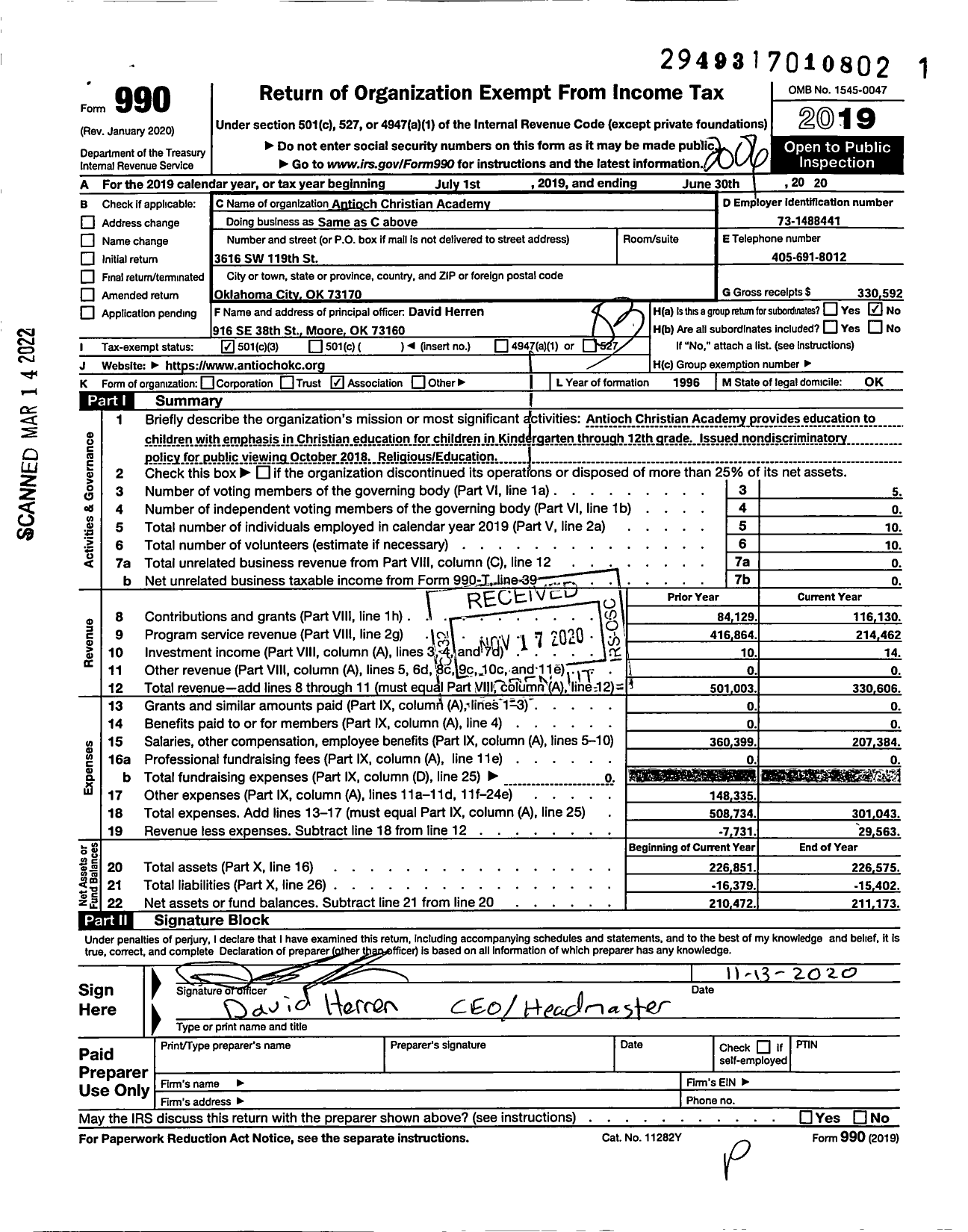 Image of first page of 2019 Form 990 for Antioch Christian Academy and Preschool