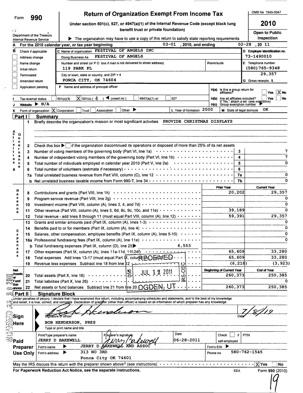 Image of first page of 2010 Form 990O for Festival of Angels