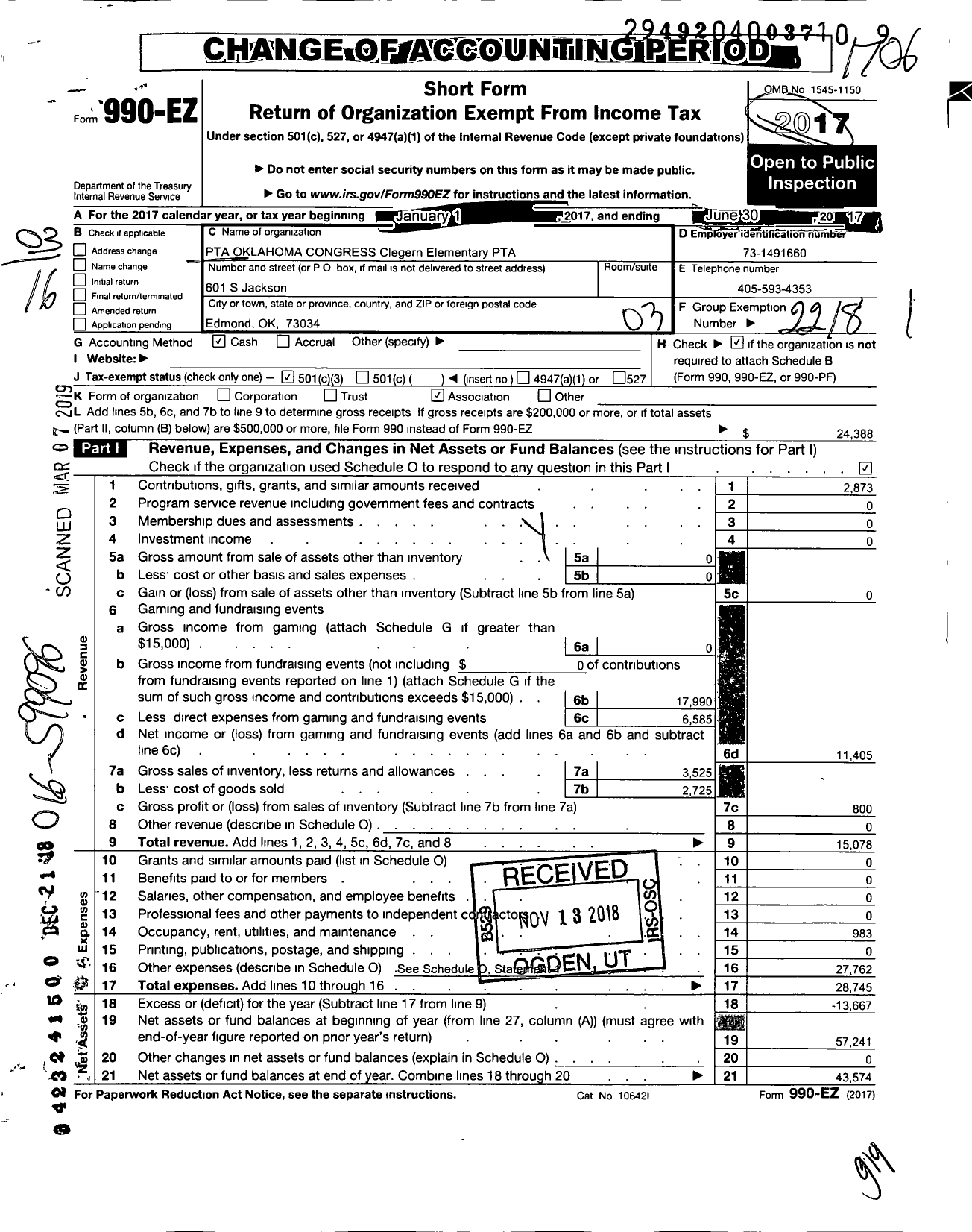 Image of first page of 2016 Form 990EZ for PTA Oklahoma Congress Clegern PTA