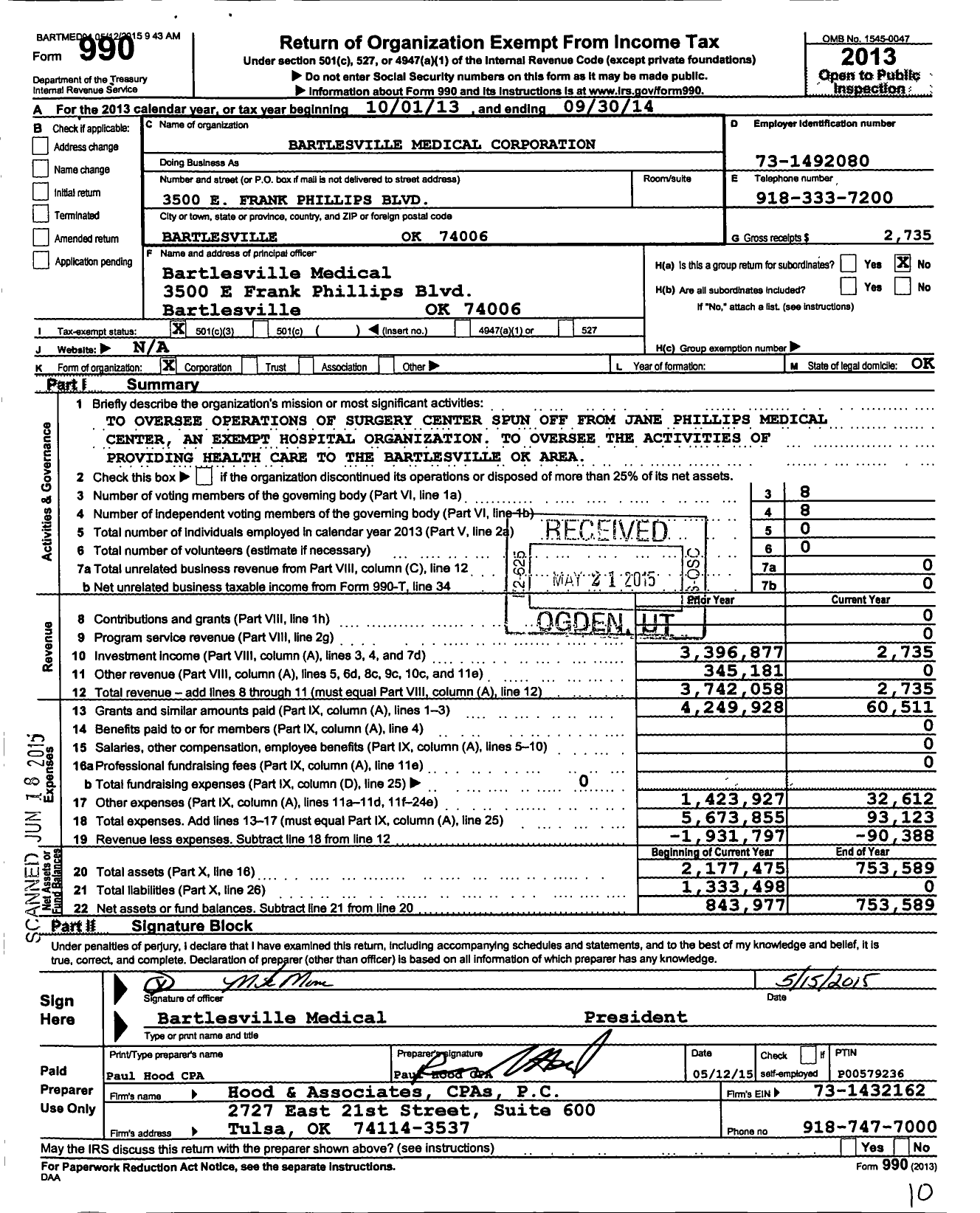 Image of first page of 2013 Form 990 for Bartlesville Medical Corporation