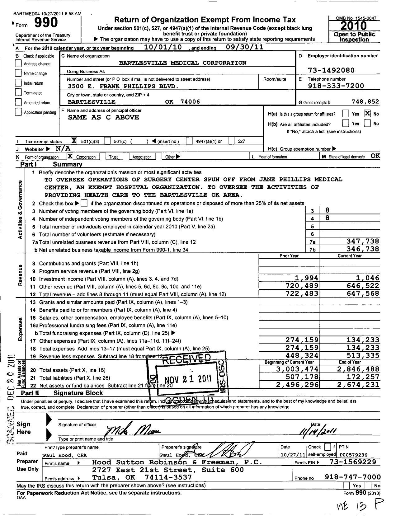 Image of first page of 2010 Form 990 for Bartlesville Medical Corporation