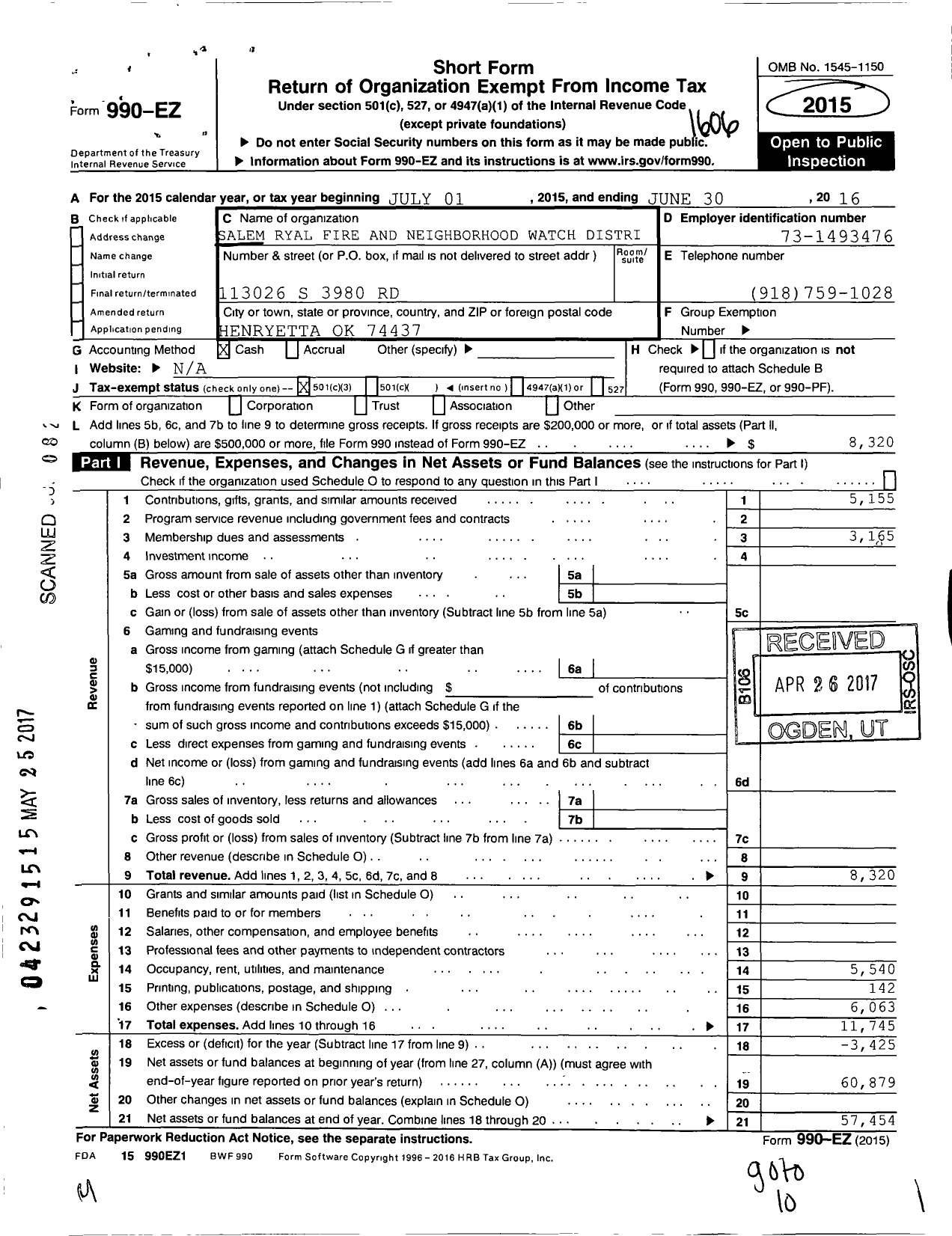 Image of first page of 2015 Form 990EZ for Salem Ryal Fire and Neighborhood Watch District