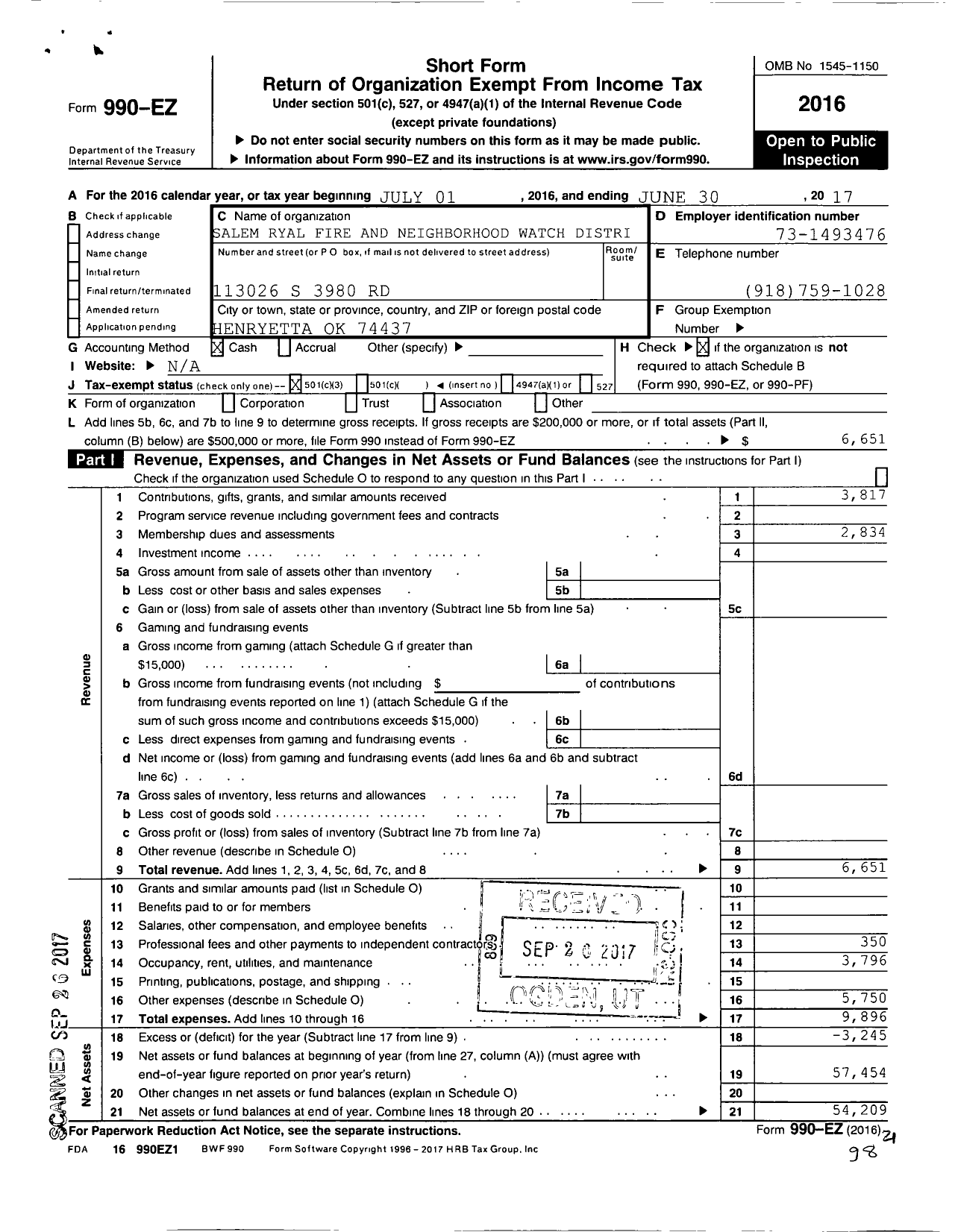 Image of first page of 2016 Form 990EZ for Salem Ryal Fire and Neighborhood Watch District