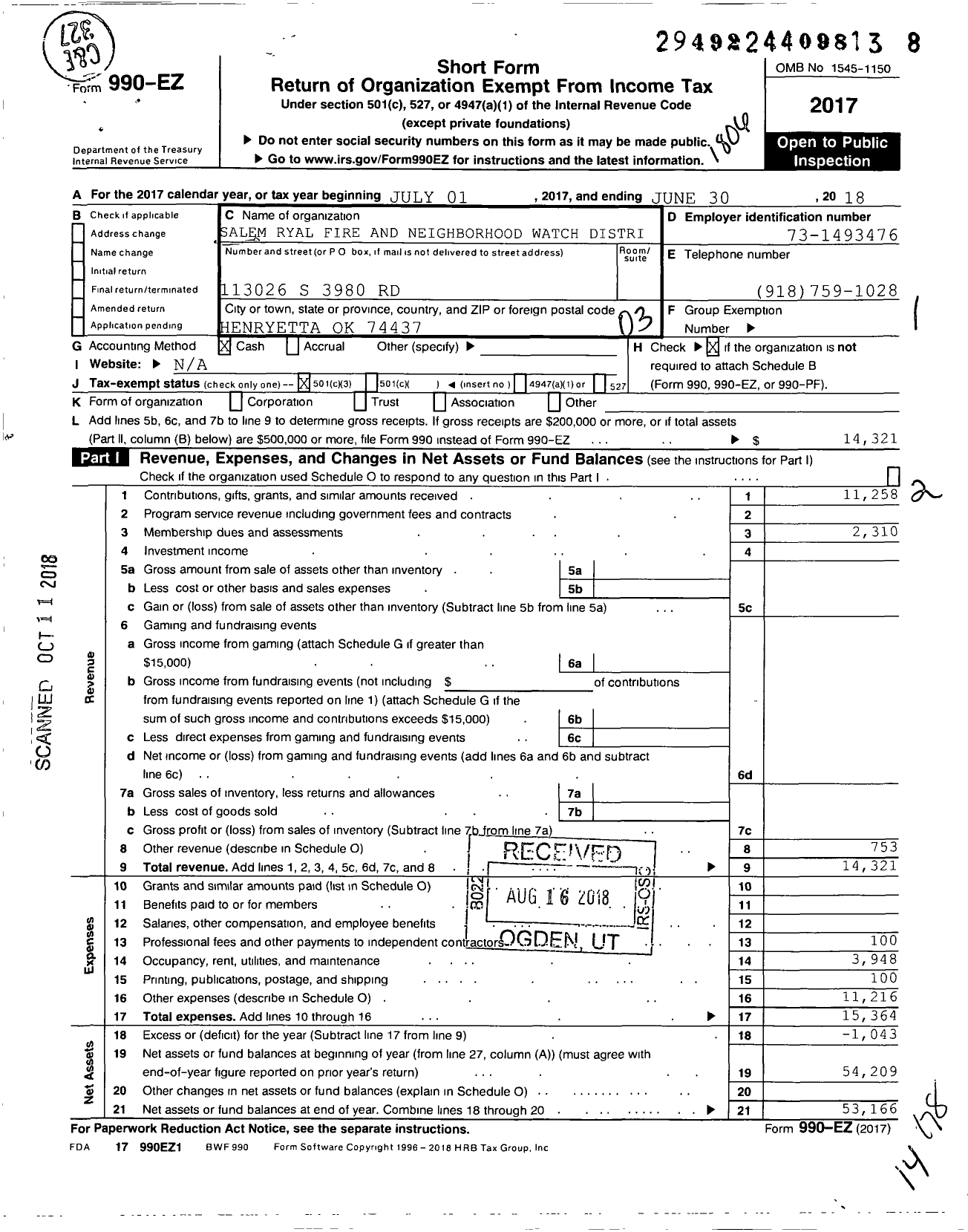 Image of first page of 2017 Form 990EZ for Salem Ryal Fire and Neighborhood Watch District