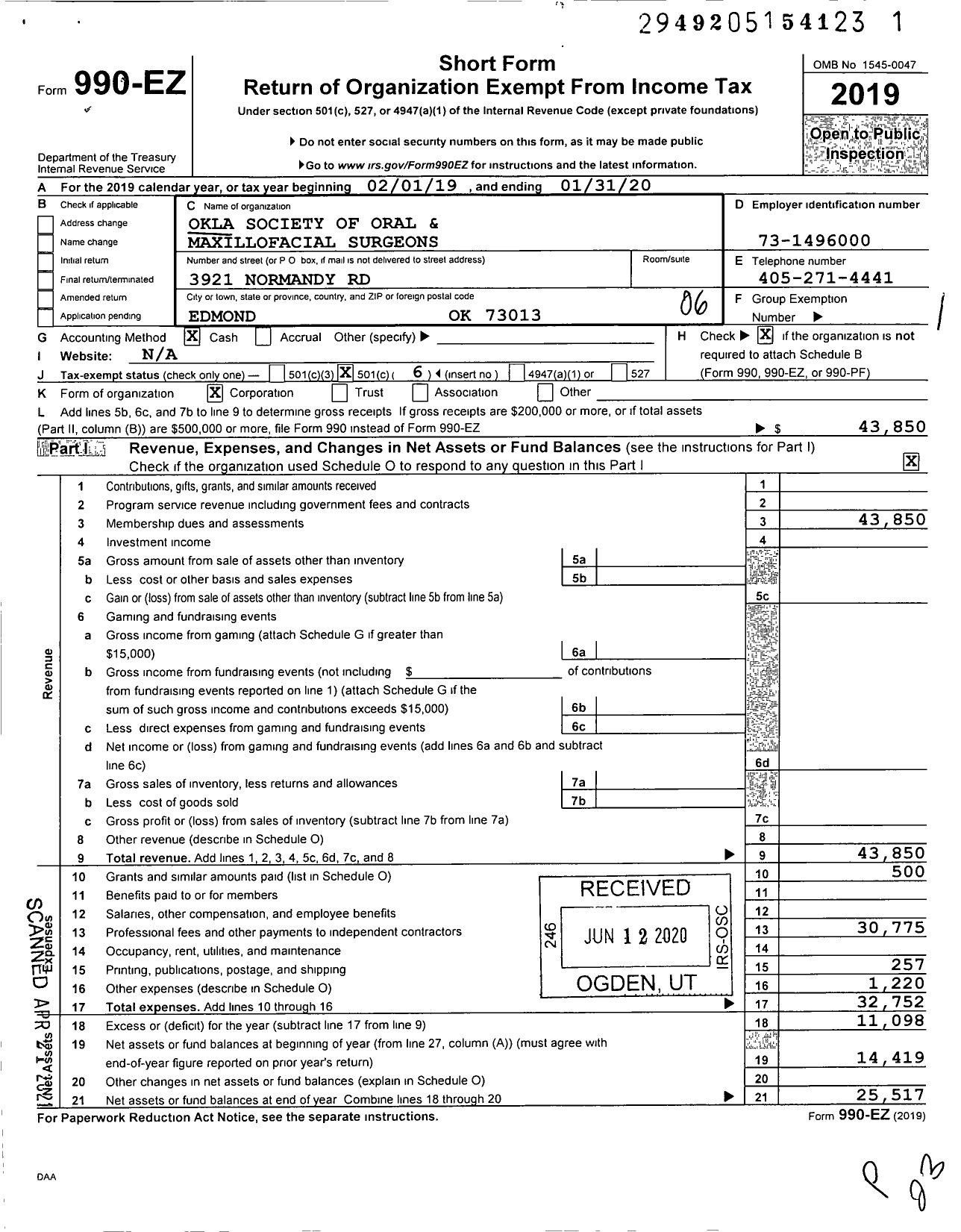 Image of first page of 2019 Form 990EO for Okla Society of Oral and Maxillofacial Surgeons