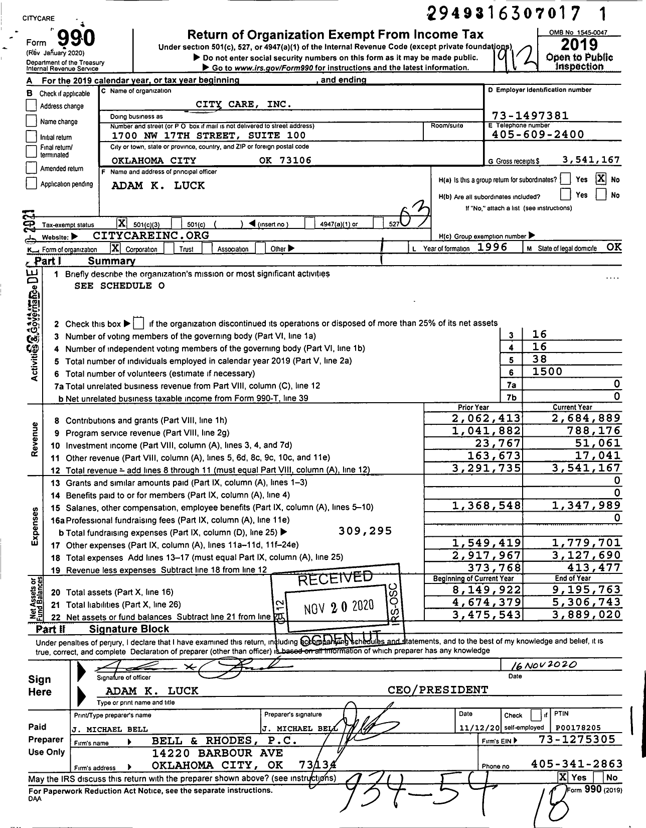 Image of first page of 2019 Form 990 for City Care