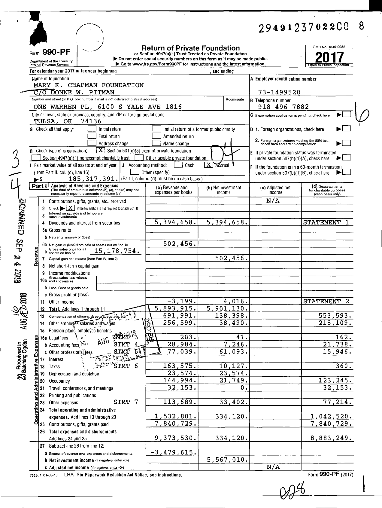 Image of first page of 2017 Form 990PF for Mary K. Chapman Foundation
