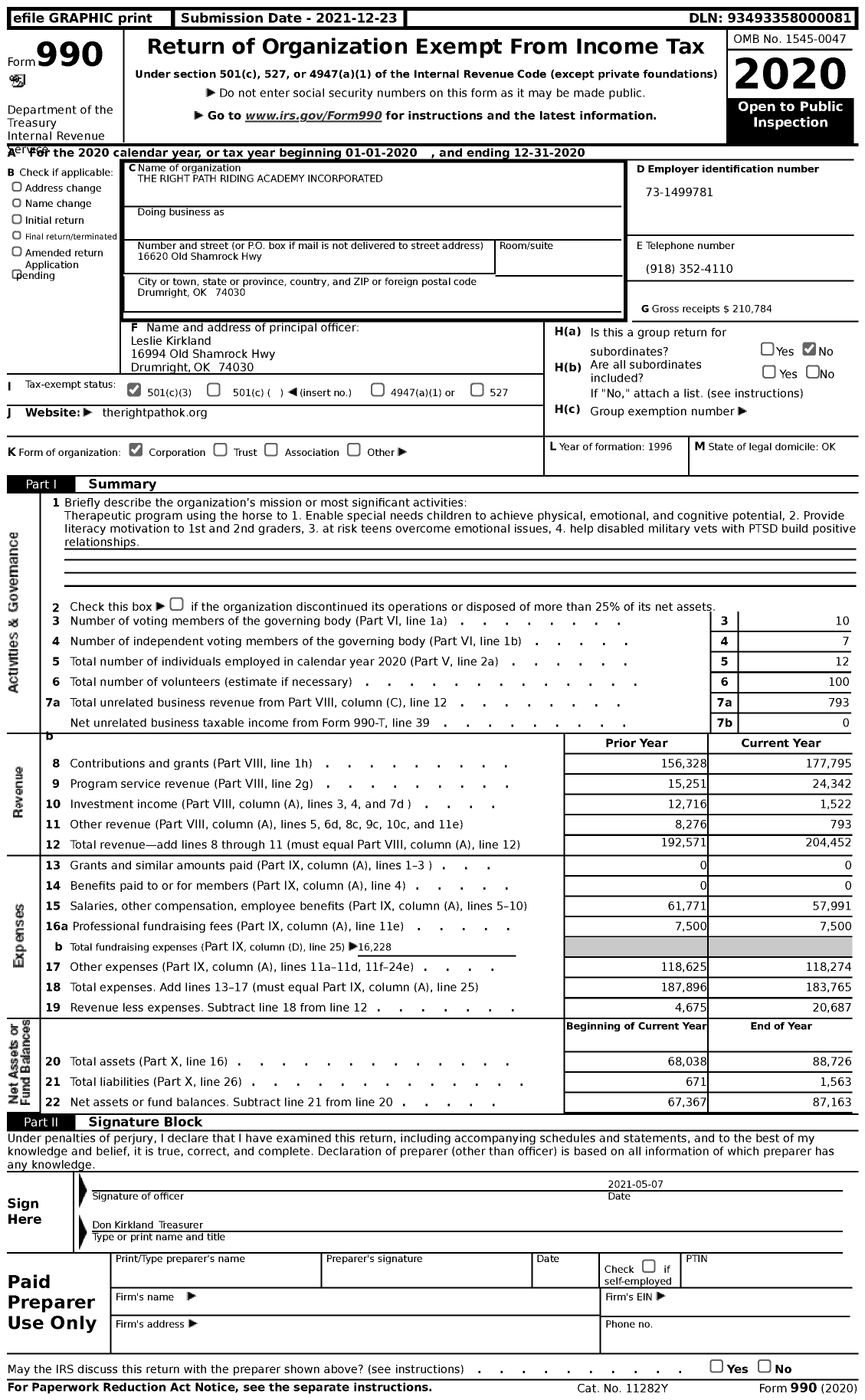 Image of first page of 2020 Form 990 for The Right Path Riding Academy