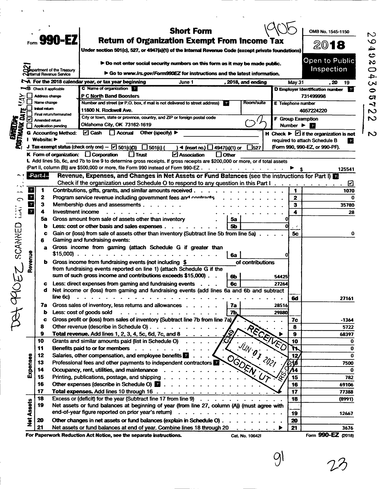 Image of first page of 2018 Form 990EZ for Putnam City North Band Booster Association