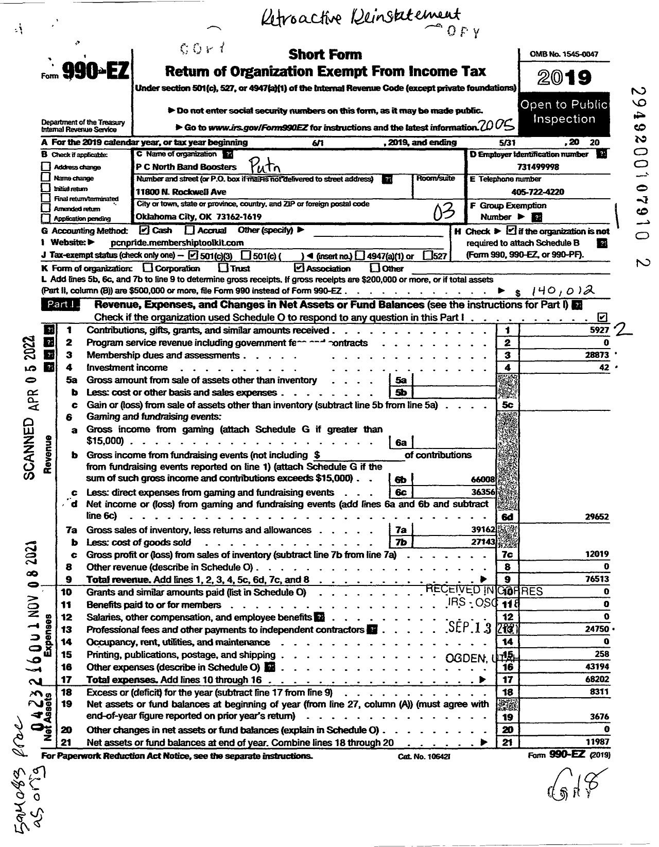 Image of first page of 2019 Form 990EZ for Putnam City North Band Booster Association