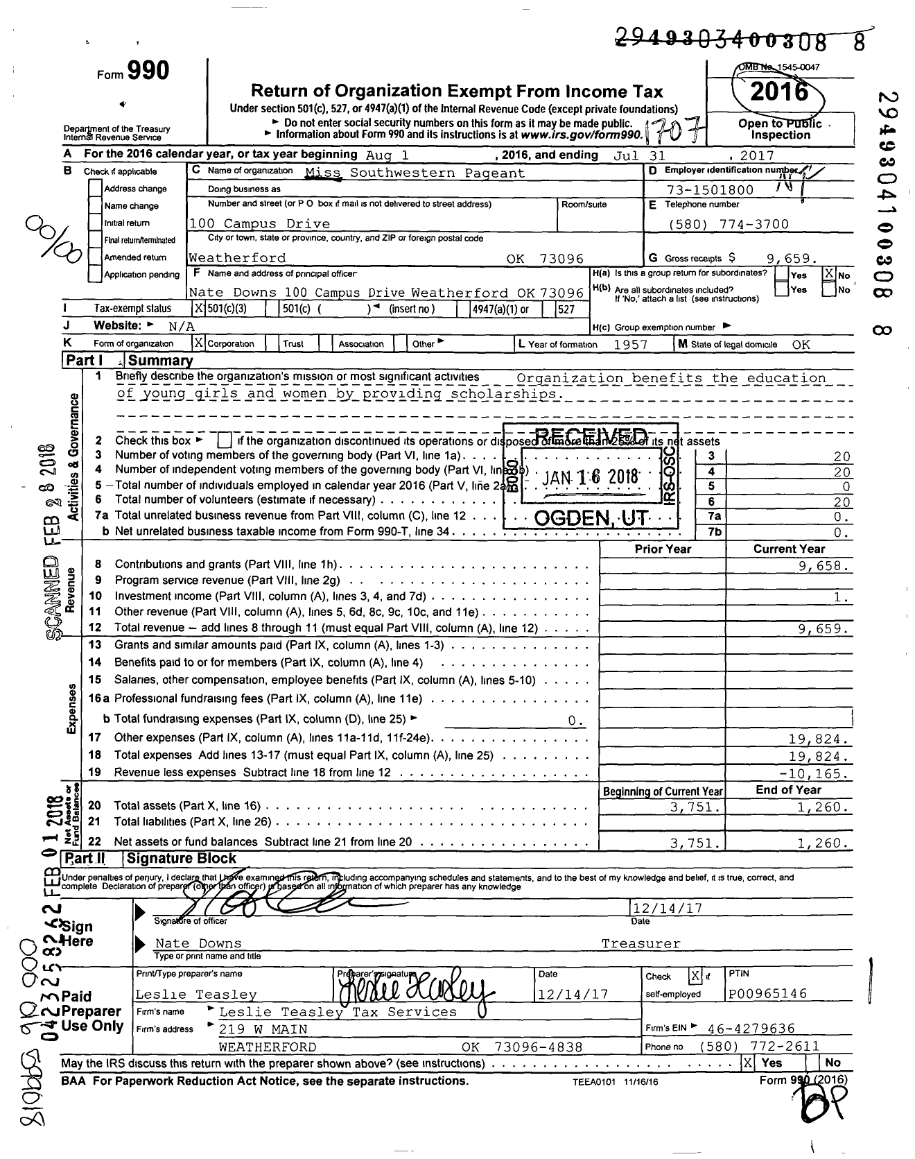 Image of first page of 2016 Form 990O for Miss Southwestern Pageant