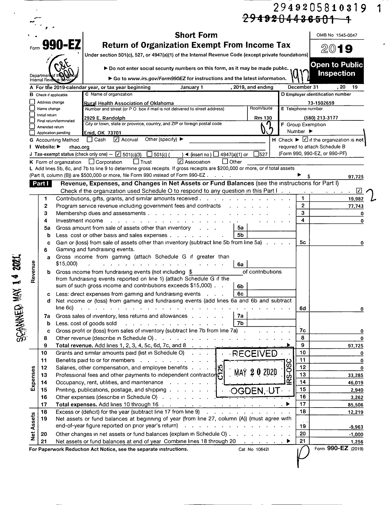 Image of first page of 2019 Form 990EZ for Rural Health Association of Oklahoma