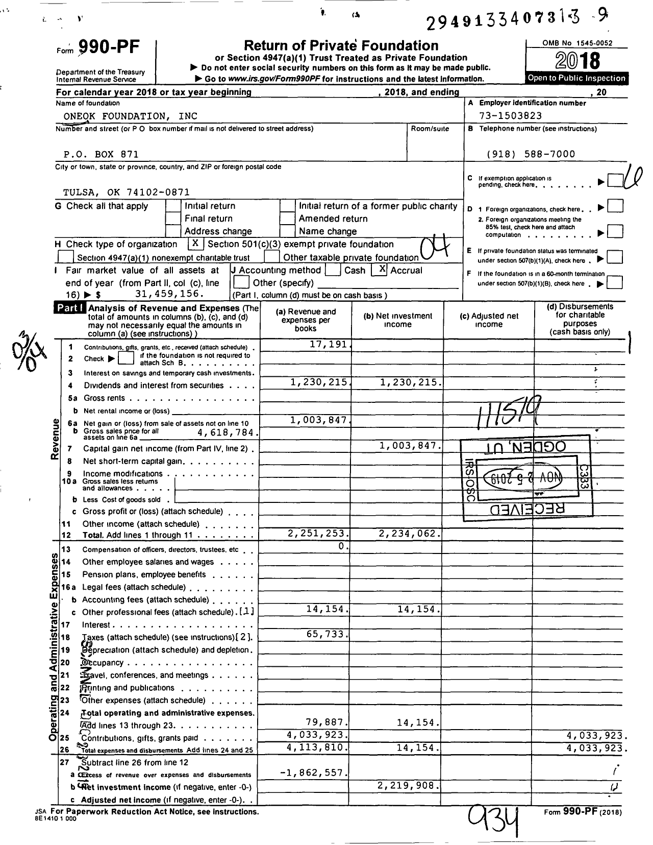 Image of first page of 2018 Form 990PF for Oneok Foundation