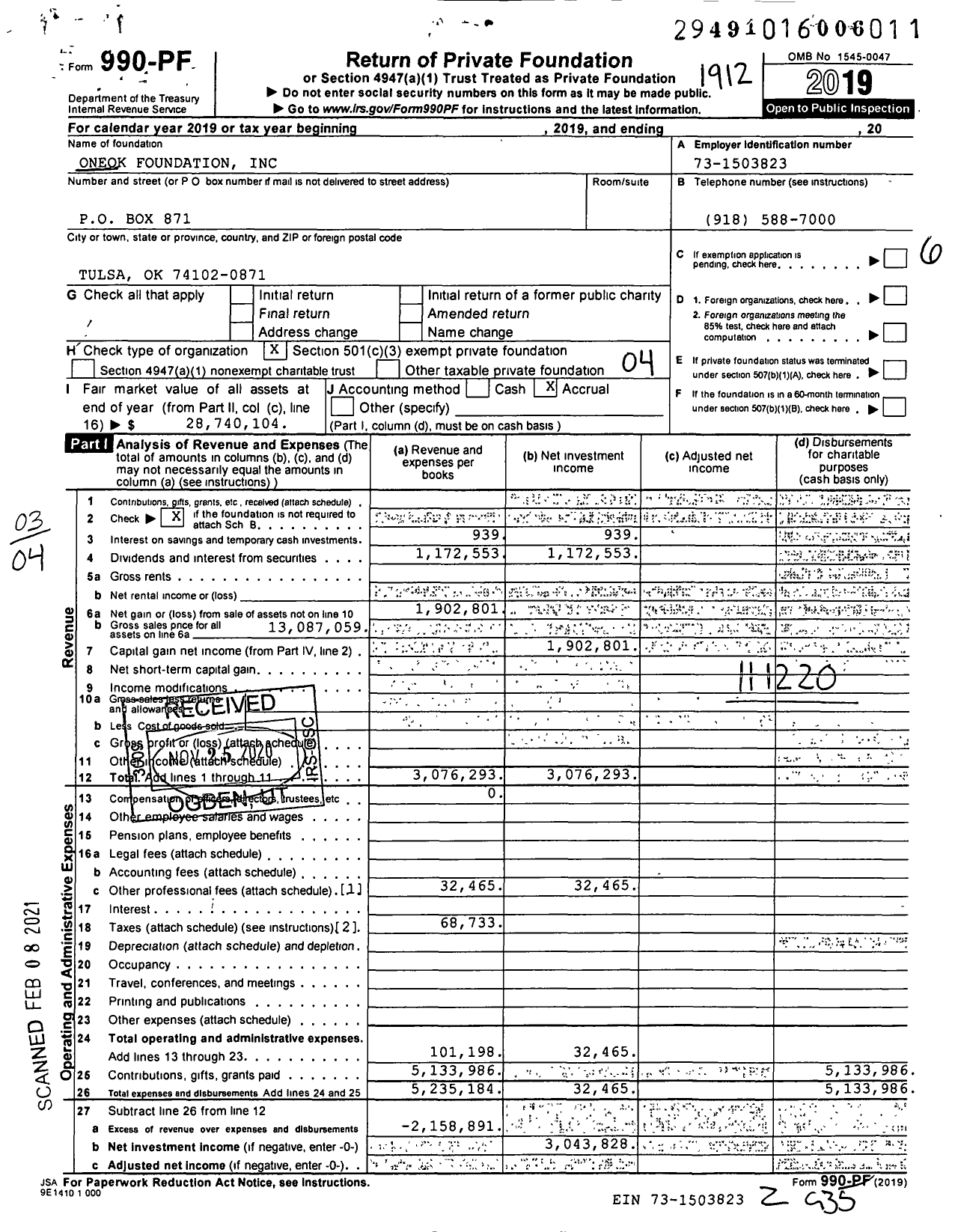 Image of first page of 2019 Form 990PF for Oneok Foundation