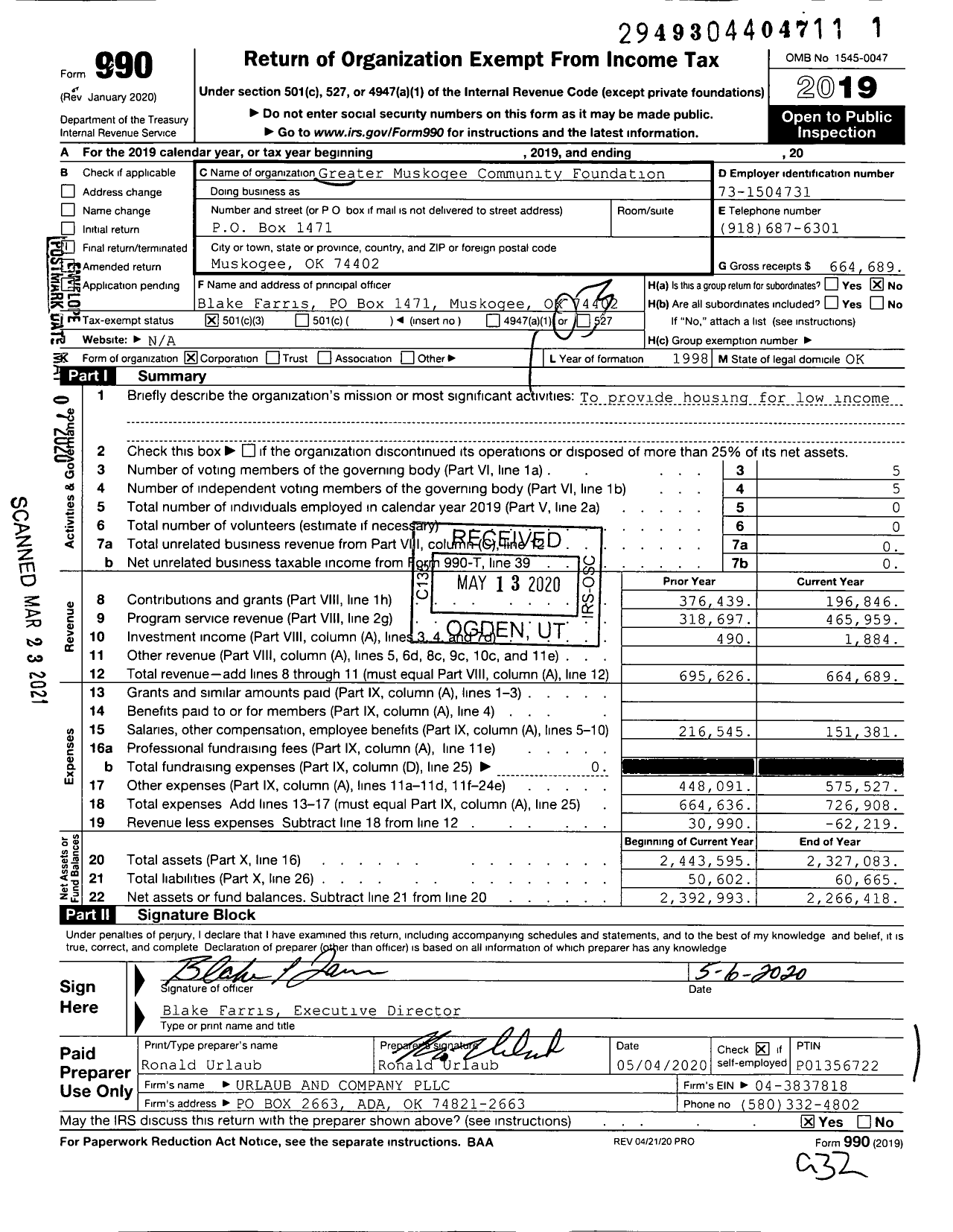 Image of first page of 2019 Form 990 for Greater Muskogee Community Foundation