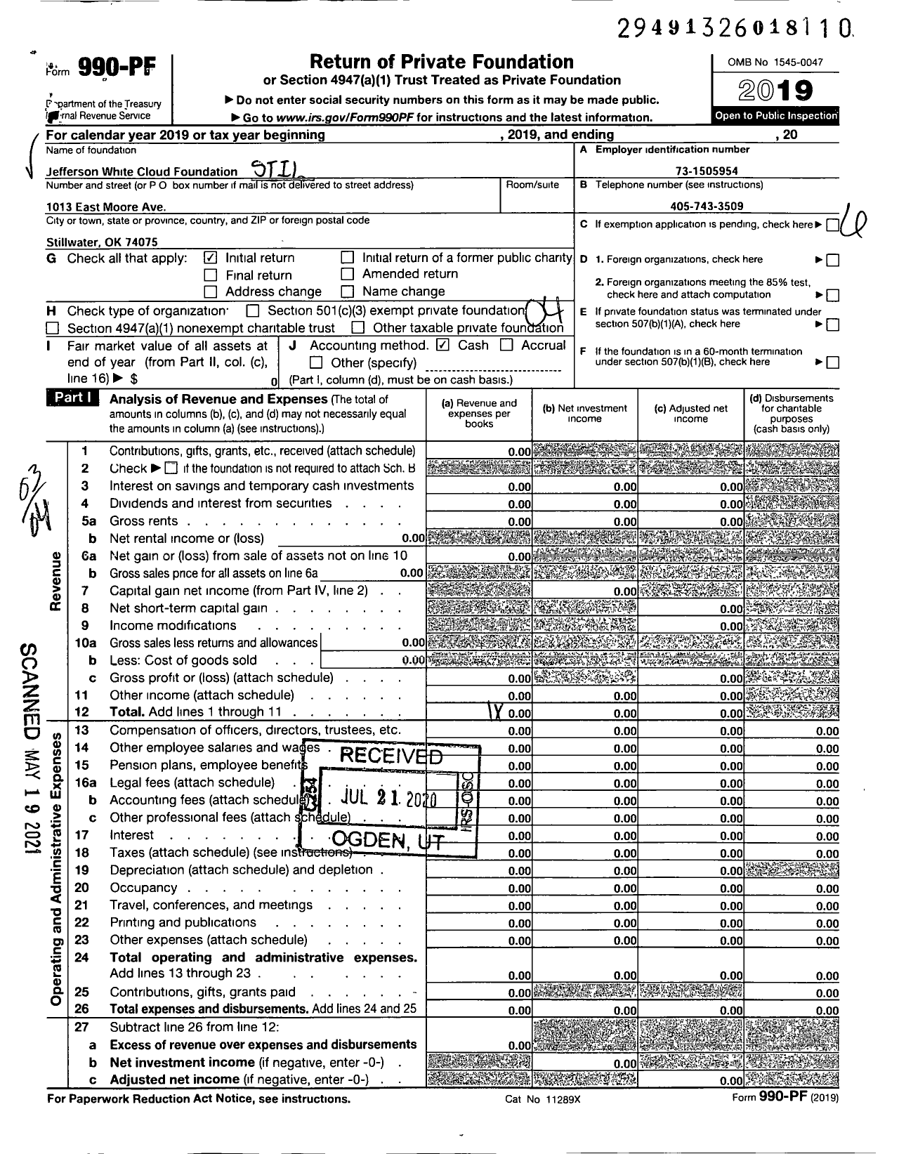 Image of first page of 2019 Form 990PF for Stillwater Jefferson White Cloud Foundation