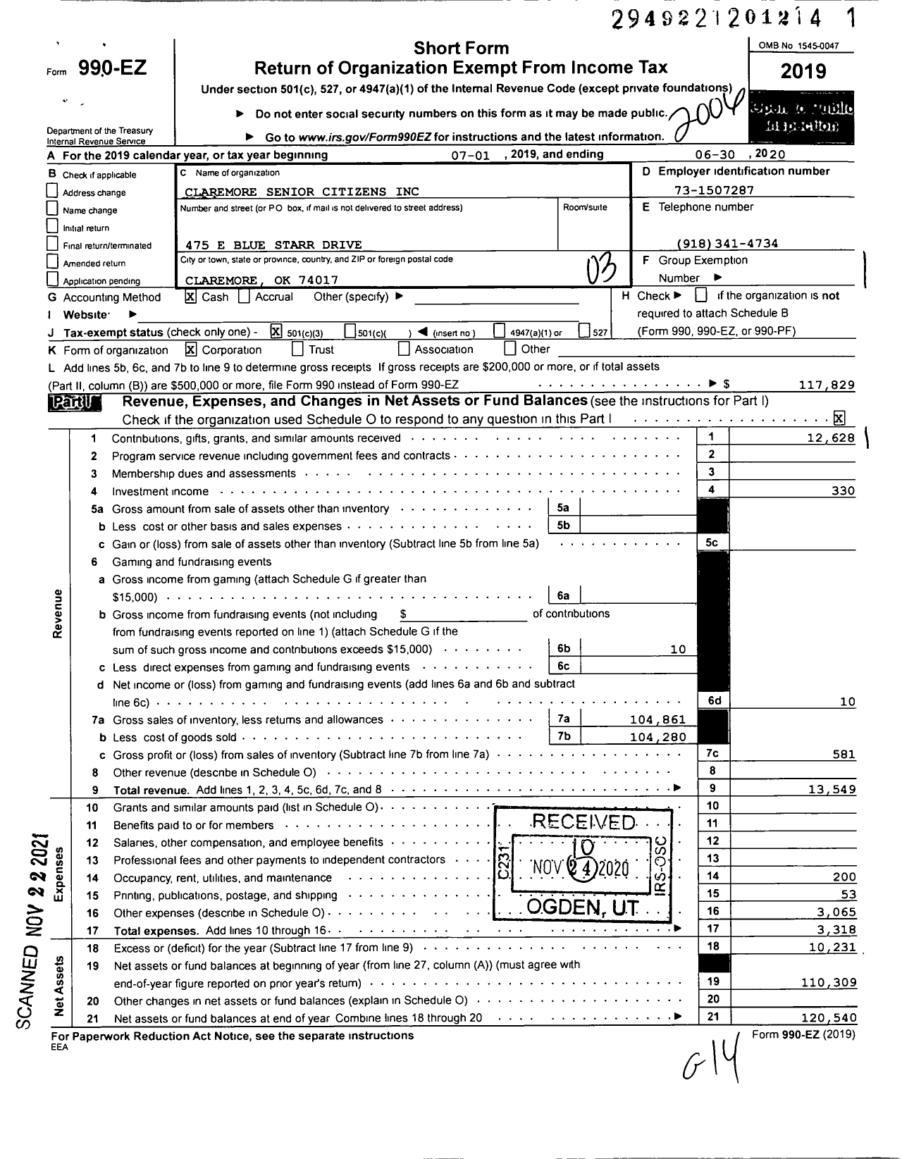 Image of first page of 2019 Form 990EZ for Claremore Senior Citizens